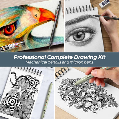 Nicpro 58PCS Art Drawing Supplies Kit in Leather Case, MP1000 Black Metal Mechanical Pencil Set with Drafting Pencil 0.5, 0.7, 0.9 & 2mm, 12 Micron Pen, Sketch Book, 30 Tube Lead Refills for Sketching