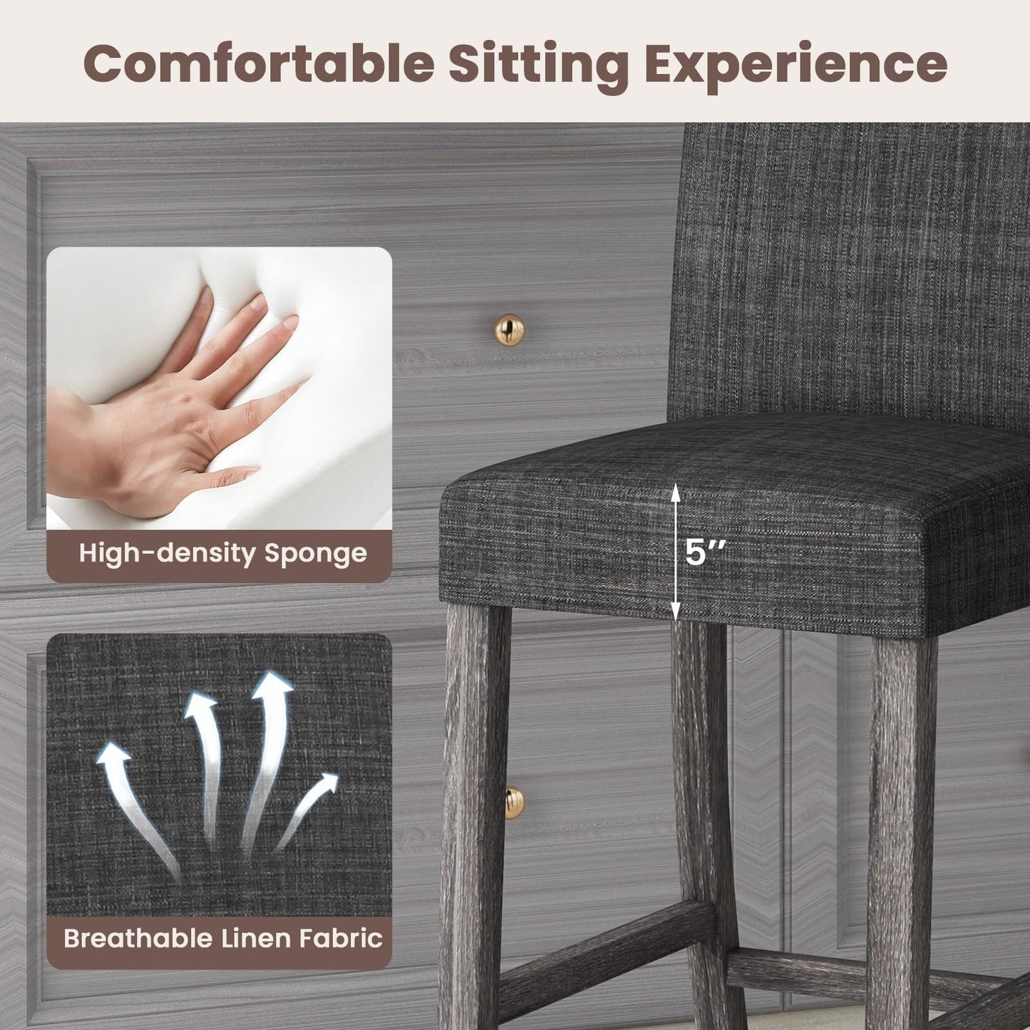 ERGOMASTER Counter Height Bar Stools Set of 6, 24.5'' Fabric Upholstered Barstools Mid Century Modern Island Bar Chairs with Back for Kitchen, Dining Room, Bar, Restaurant, Charcoal Grey