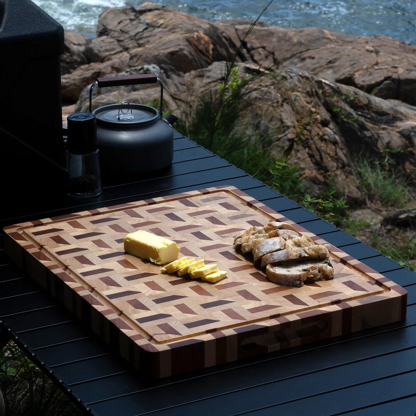 YOUSUNLONG 3D Zigzag Pattern End Grain Cutting Board - Walnut & Maple Reversible Butcher Block 20"L x 16"W x 1.5"Th with Juice Groove - Serving Block Tray for Brisket,Meat,Cheese,Charcuterie
