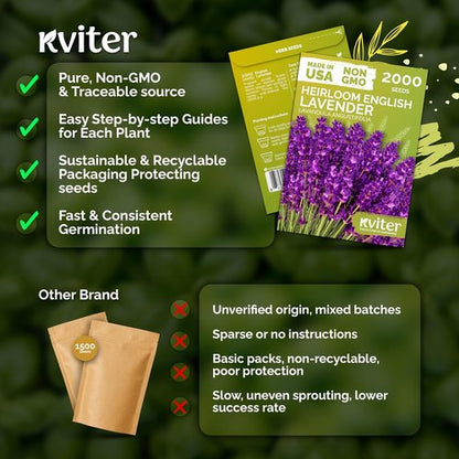 KVITER English Lavender Seeds - Heirloom Non-GMO Lavender (Lavandula Angustifolia) for Indoor & Outdoor Gardens | Organic Flower Seeds