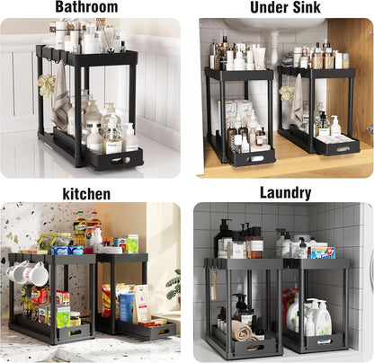 Skiennix Pull-Out Storage Organizers - Multi-Purpose Under Sink Solution for Bathroom & Kitchen | Black, 2 Pack