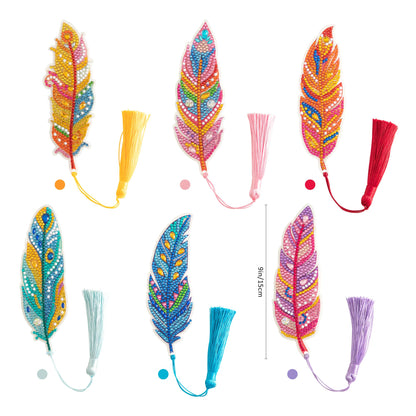 6 Pcs 5D Diamond Painting Art Kit, DIY Acrylic Crystal Diamond Bookmarks with Tassel, Flower & Feather Designs, Handmade Crafts BookMark Gift for Book Lovers, Women & Teenage, Creative Decor
