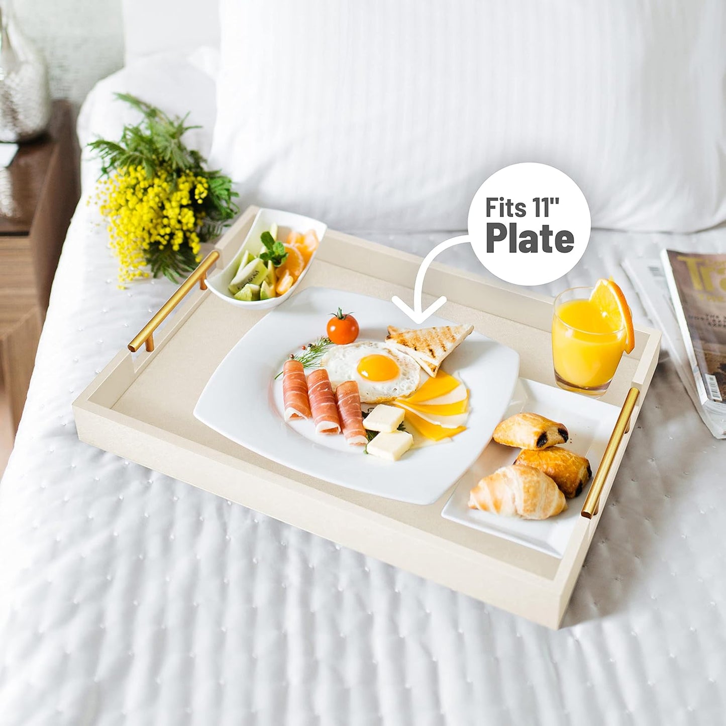 17" 12" ATZYmolin x Wood Serving Tray with Gold Polished Metal Handles, Home Decorative Wooden Rectangle Ottoman