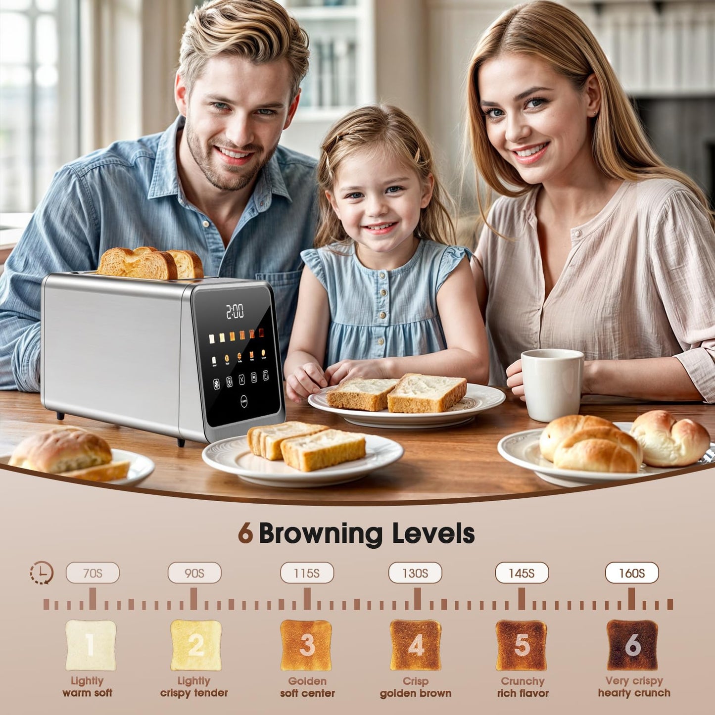 Touch Screen Toaster 2 Slice, Stainless Steel Smart Digital Toasters with Single Slot Toasting, Memory Function, 5 Bread Types & 6 Shade Settings,1.5" Wide Slot, 900W
