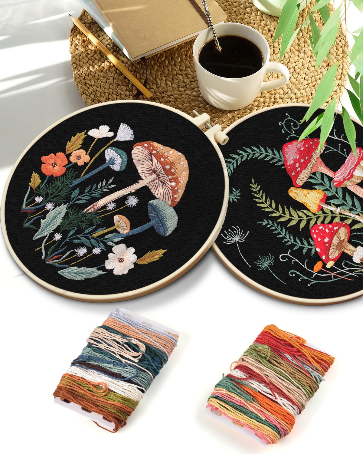 TINDTOP 2 Pack Embroidery Kit for Adult Beginners, Embroidery DIY Starter Kit, with Mushroom Stamped Patterns, Hoop, Tools, Colorful Threads with Needles, Instructions