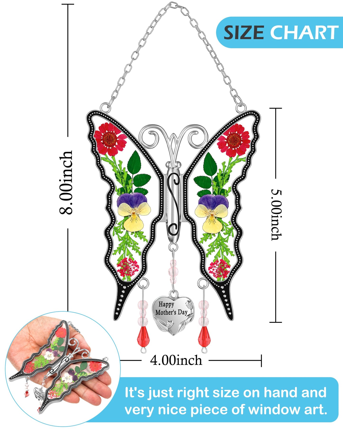 KY&BOSAM Gifts for Women Happy Mother`s Day Butterfly Suncatcher Stained Glass Suncatcher for Window Hanging Home Decor Wind Chime with Pressed Real Flower Garden Decor Gifts for Mom Mothers Day