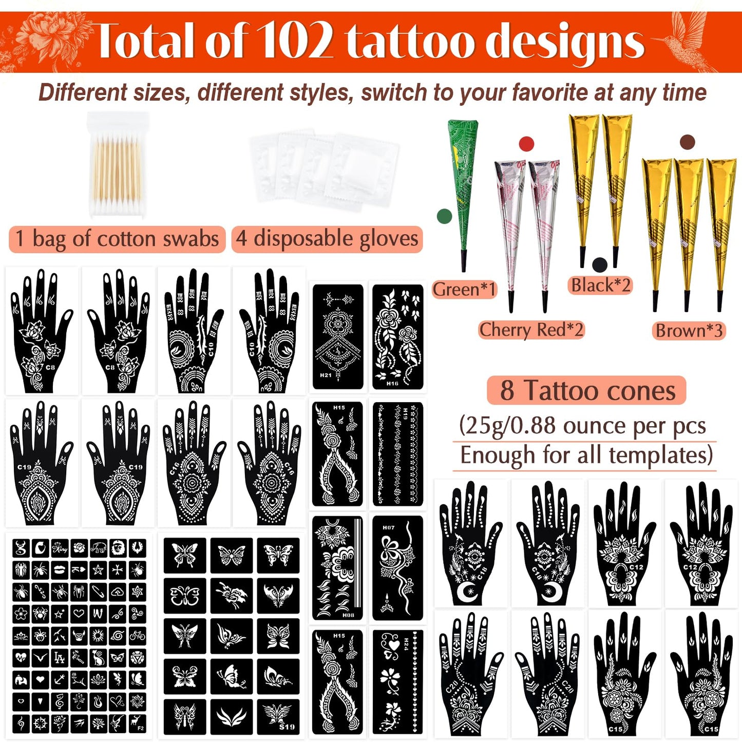 MuseLuxe Temporary Tattoos Stencils Kit,Temporary Tattoos Kit - 8 Pcs 4 Color(Brown,Black,Cherry red,Green), Ink with Gloves,DIY Body Art Painting for Women Men Adults Kids