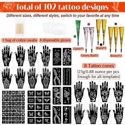 MuseLuxe Temporary Tattoos Stencils Kit,Temporary Tattoos Kit - 8 Pcs 4 Color(Brown,Black,Cherry red,Green), Ink with Gloves,DIY Body Art Painting for Women Men Adults Kids