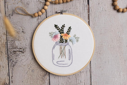 Looples Embroidery Kit for Beginners and Adults with Video Tutorials – DIY Starter Kit with 3 Stamped Floral Patterns, Hoops, Threads, Needles, and Instructions - Cart, Glass Jar, and Flowers