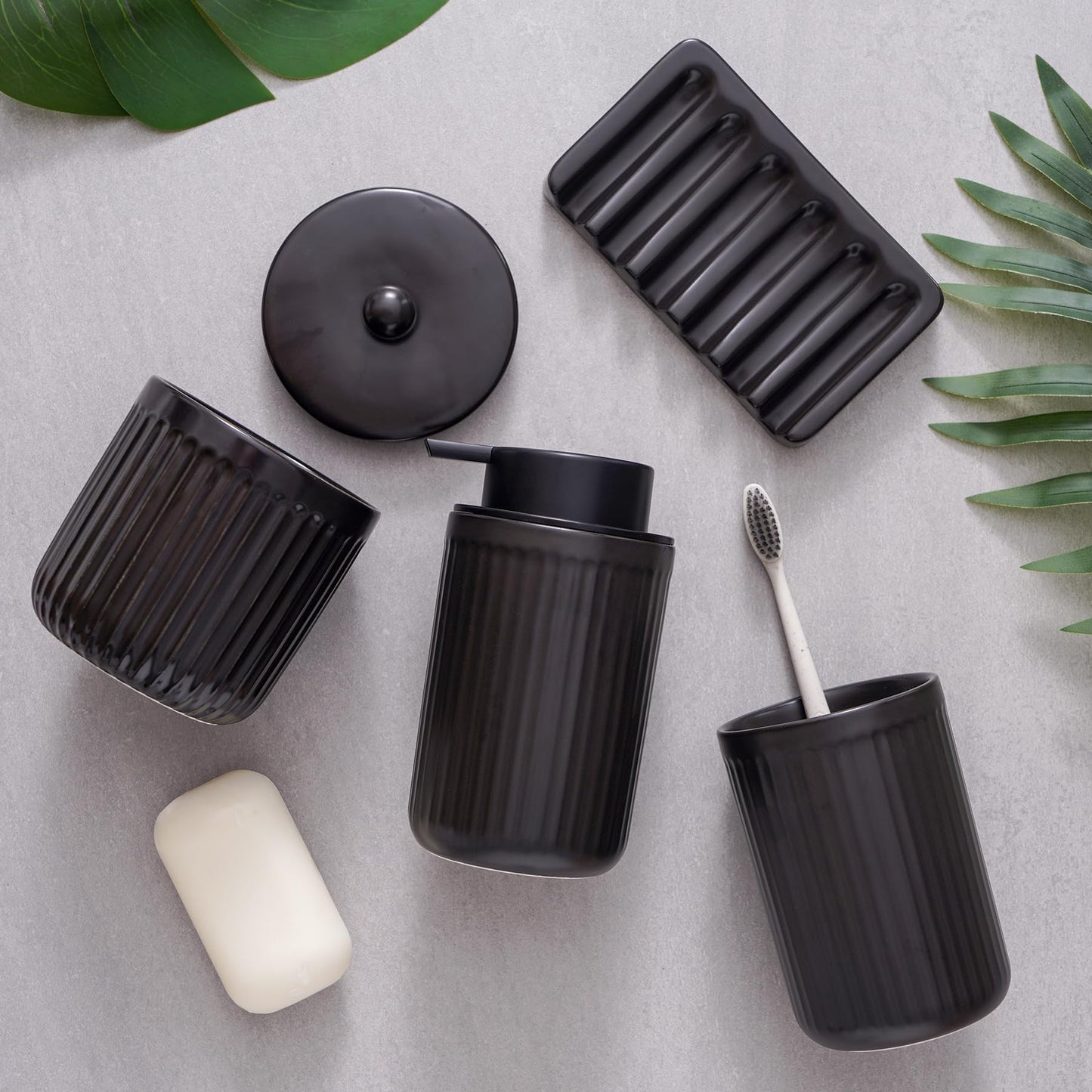 Agyiuns Ceramic Bathroom Accessories Set,Lotion Soap Dispenser and Toothbrush Holder Set, Soap Dish, Apothecary Jars,Rustic Farmhouse Decor, Bathroom Home Decor (Black Set, Liquid)
