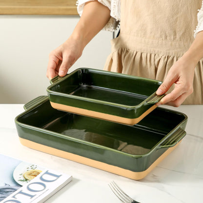 Howise Ceramic Baking Casserole Dish with Handles, Large 9x13 inch Pan and Middle Baking Pan - Porcelain Serving Bakeware Set (Forest Green)