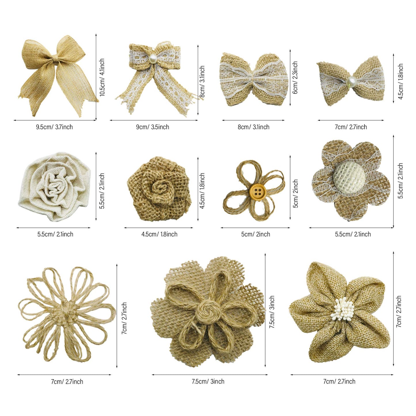 Allazone 46 PCS Natural Burlap Flowers Set, 3 Rolls Lace Burlap Ribbon and 40 PCS Handmade Burlap Rose Flowers, Twine Ribbon and Glue Point for DIY Craft Wedding Party Gift Decor