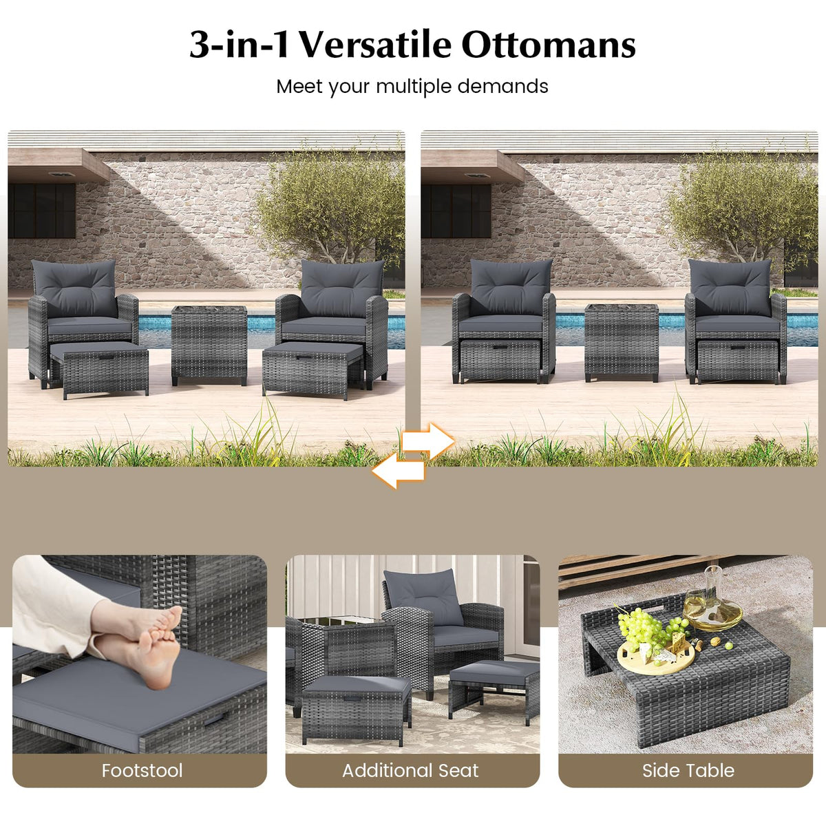Tangkula 5 Pieces Patio Conversation Set, PE Wicker Rattan Outdoor Furniture Set with 2 Chairs, 2 Ottomans & Tempered Glass Coffee Table, Ideal for Poolside, Backyard, Lawn, Deck, Grey
