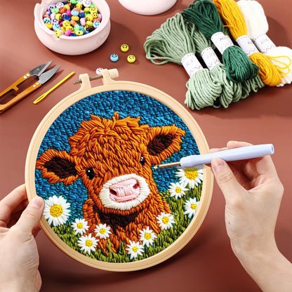 Hahafelt 3 Sets Punch Needle Kits, Punch Needle Kits for Adults Beginner, Highland Cow Daisy Flower Horse Punch Needle Tool with Punch Needle Fabric, Hoops, Yarns and Sewing Needles
