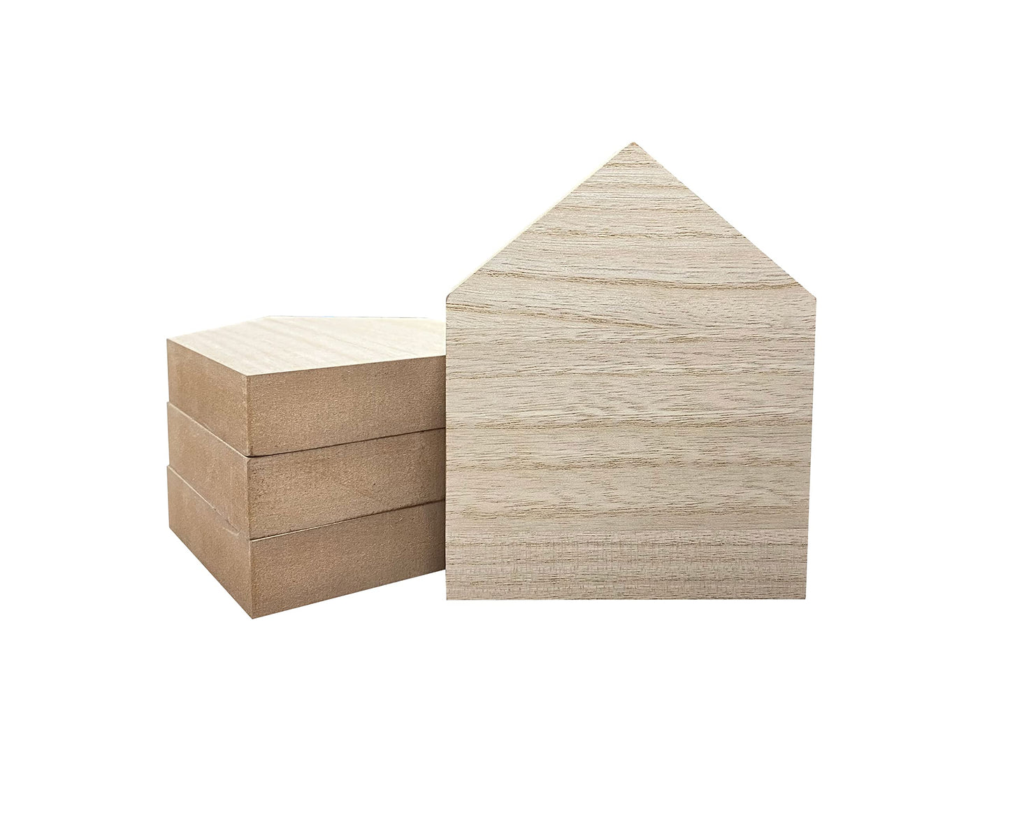 6 Inch 4 Pieces Unfinished Wooden House Shaped Blocks for Crafts Blank Wood House Freestanding Mother's Day Memorial Sign，1 Inch Thick MDF