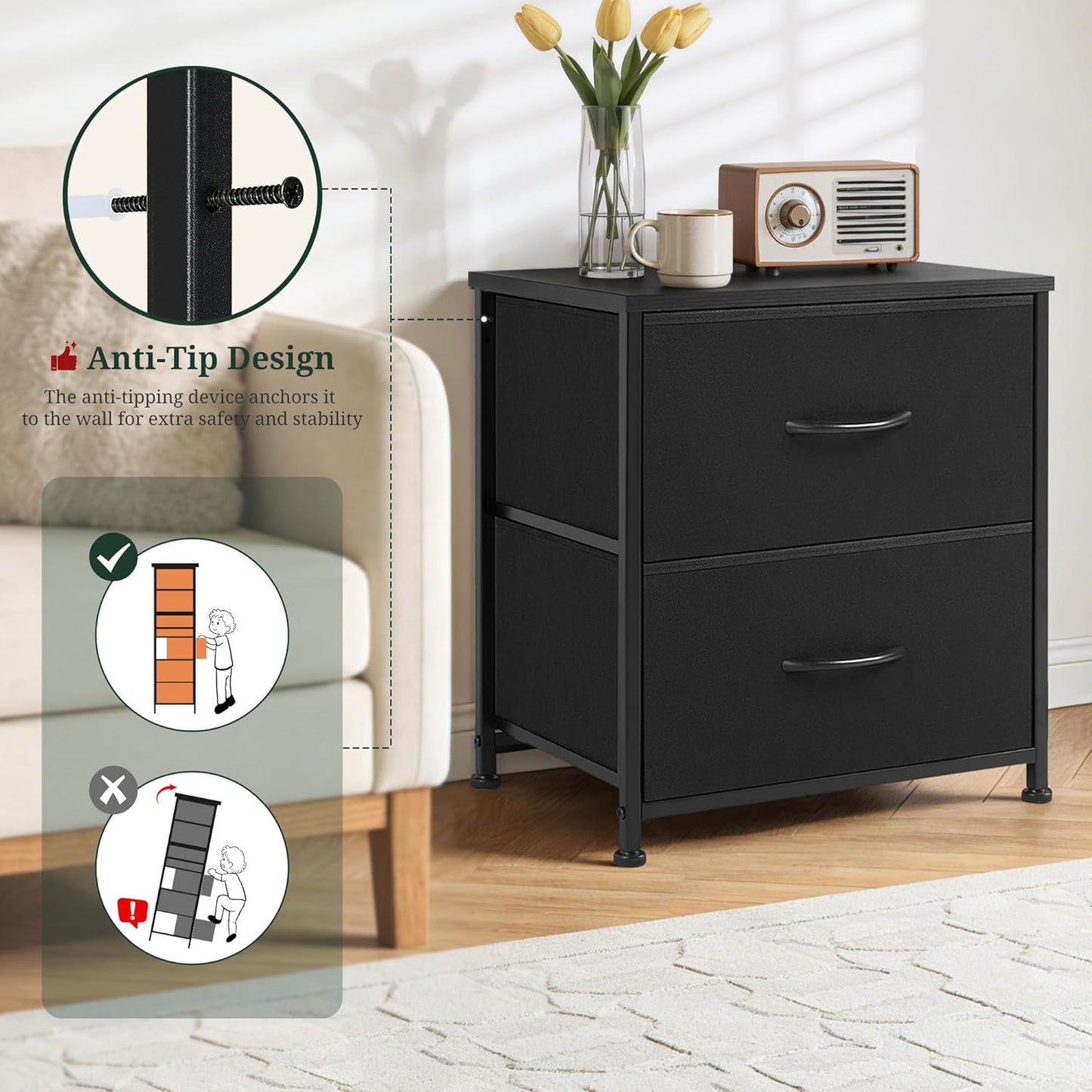 2 Closet, 11.8" 18" 20", Nightstand Upgraded, Small Drawer Dresser End Table Bedside Furniture, Wooden Top Fabric Bins