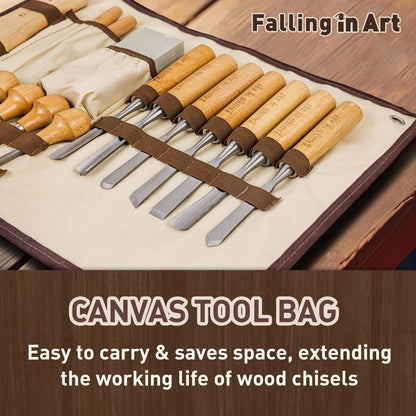 Falling in Art 16 Pcs Wood Carving Tools, Professional Carving Knives Chisel Set, Including Sharpening Stone, Mallet and Storage Bag for Wood Carving Projects