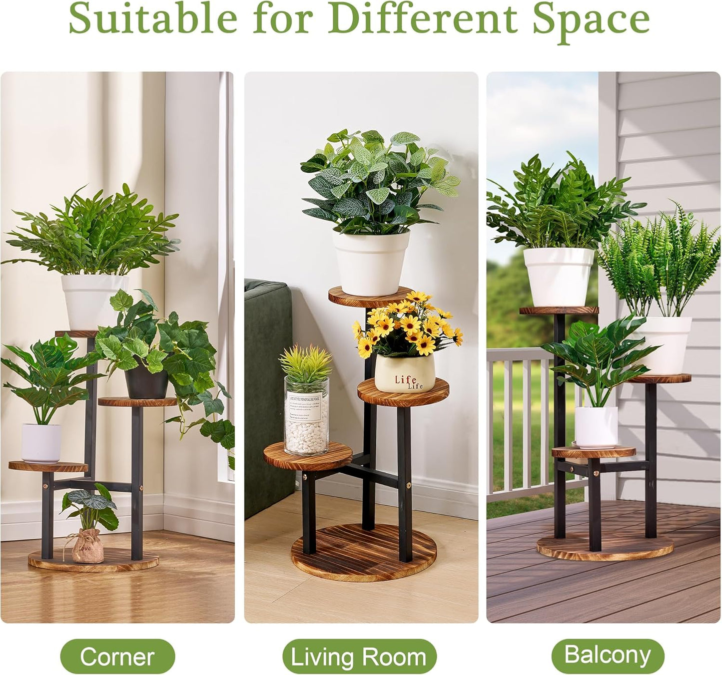 3 VECELO Tier Plant Stand Indoor Outdoor, Tall Metal Wood Flower Shelf for Multiple Plants, Small Tiered Round Corner