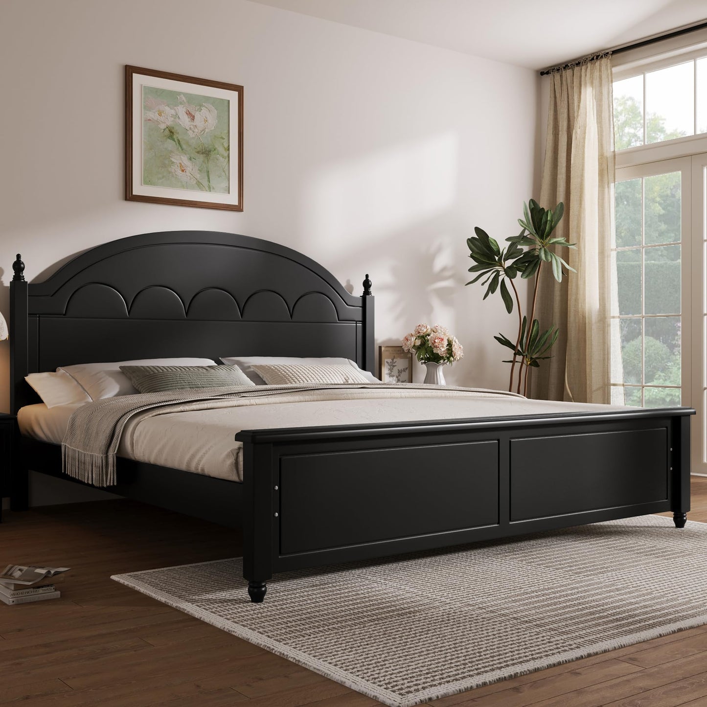 Merax King Wooden Platform Bed Frame with Arched Headboard, Solid Wood Bed Base, Classic Elegant Design, Strong Support, No Box Spring Needed, Easy Assembly, Black