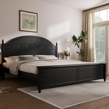Merax King Wooden Platform Bed Frame with Arched Headboard, Solid Wood Bed Base, Classic Elegant Design, Strong Support, No Box Spring Needed, Easy Assembly, Black