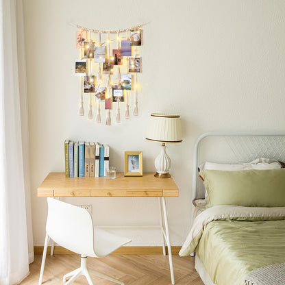 Mkono Macrame Hanging Photo Display Wall Decor with String Lights Boho Room Bedroom Wooden Beads Garland Picture Greeting Cards Holder with 30 Clips