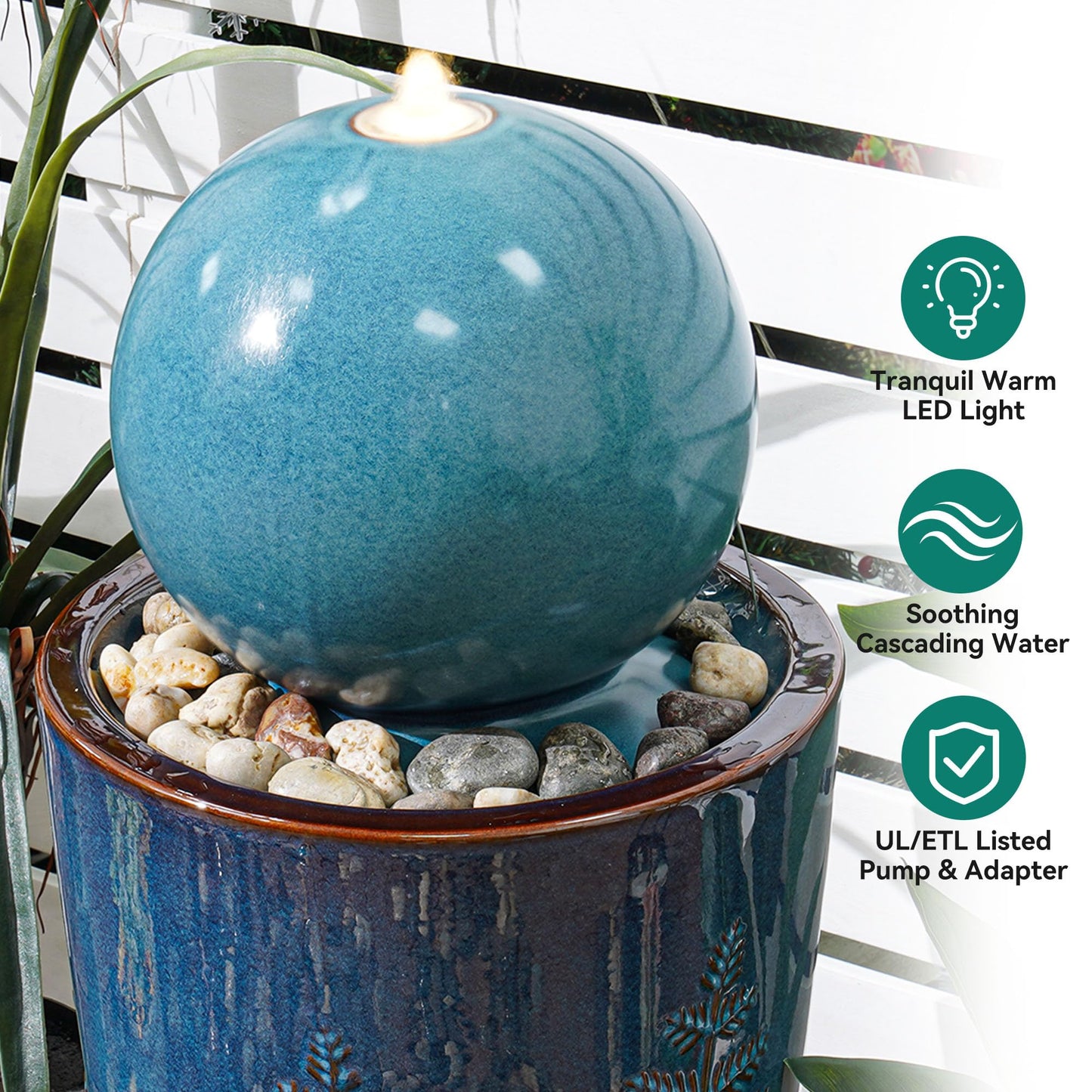 Autodaya 29.5" H Ceramic Sphere Water Fountain with LED Lights, Modern Nature-Inspired Design, Teal Blue Glaze with Leaf Patterns & Pebbles, Soothing Trickling Water Feature for Patio, Yard and Garden