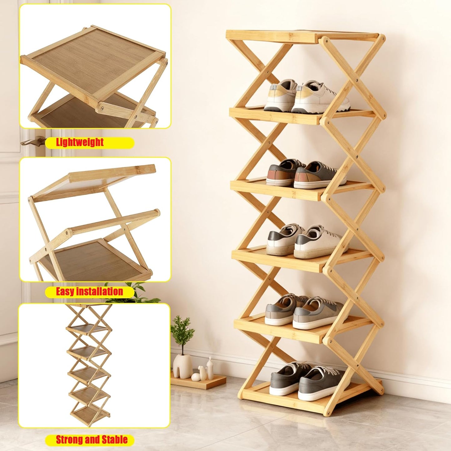 3 Closet(Original Tier Foldable Shoe Rack, Natural Bamboo Space Saving Shoe Storage Organizer,Easy Assembly & Strong