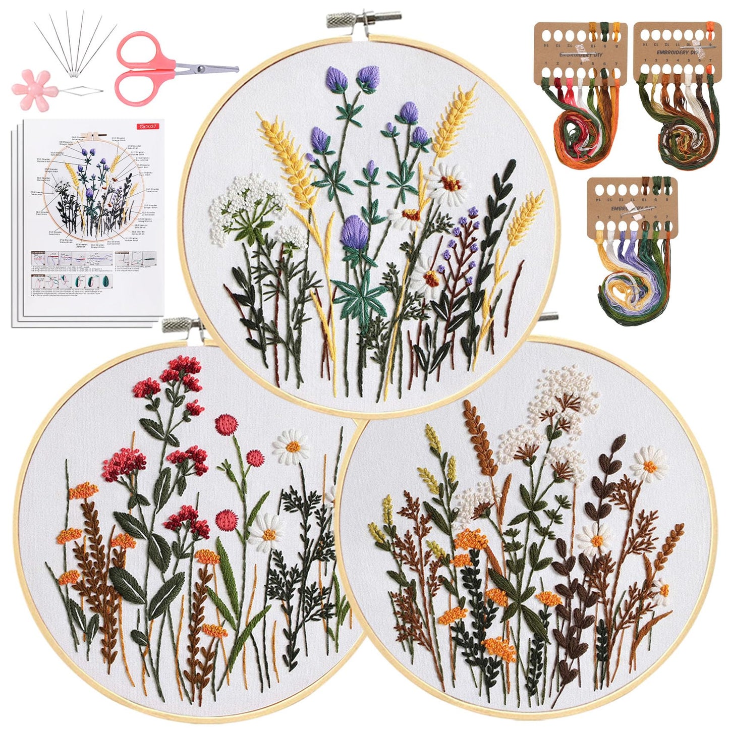Santune 3 Pack Embroidery Kit for Beginners, Needlepoint Cross Stitch Kits for Adults,Needle Point Sets with Stamped Wild Flower Pattern Stitch Video Tutorial