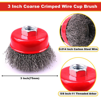 LSTOPGO 2 Pack 3 Inch Coarse Crimped Wire Cup Brush for 4 1/2 Angle Grinder, 5/8 Inch-11 Threaded Arbor, 0.014 Inch Carbon Steel Wire, Brush for Rust, Corrosion, Paint Removal