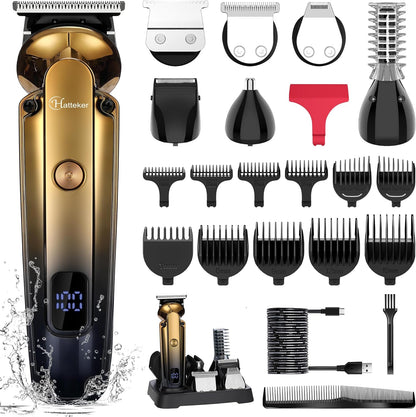 Hatteker Men's Beard Trimmer Kit Electric Razor Shaver Professional Hair Clipper with Zero Gapped T-Blade Nose Ear Beard Body Trimmer for Men Waterproof Cordless Grooming Kit 6 in 1
