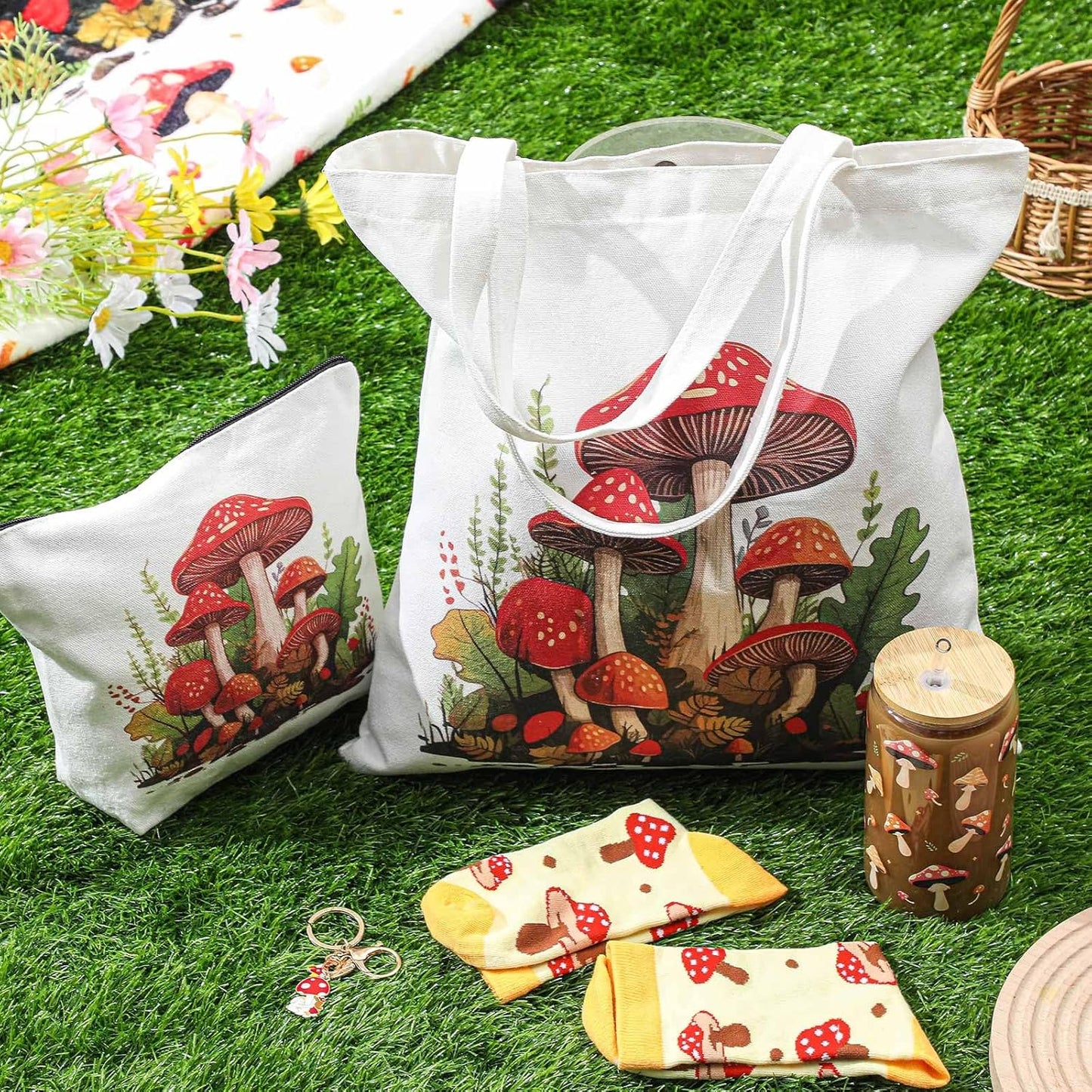 6 16oz Paterr Pcs Mushroom Themed Gifts for Women Christmas Canvas Tote Bag Makeup Bag Print Blanket Socks Glass Coffee