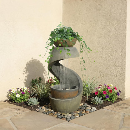 Takamota Outdoor Water Feature Patio Fountain with LED Lights, 31.9" Resin Garden Waterfall Fountain Outdoor, Modern S-Shaped Bowl Design Water Feature for Porch, Garden, Yard, Home Decor, Grey