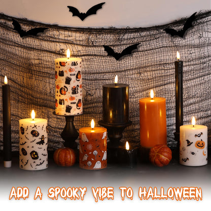 Girimax Halloween Flameless Pillar Candles with Remote, Black Cat Pumpkin LED Wax Candles Battery Operated Set of 3