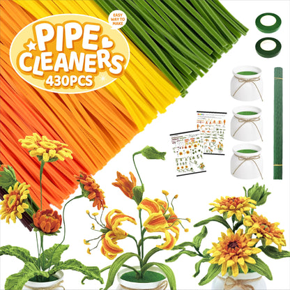 POMBUDS 430 PCS Pipe Cleaners Flower Kit, Sunflower, 6 Bright Color, with Potted Plant Accessories, Durable Chenille Stems Fuzzy Sticks Craft Supplies, Pipe Cleaner for DIY Art and Craft