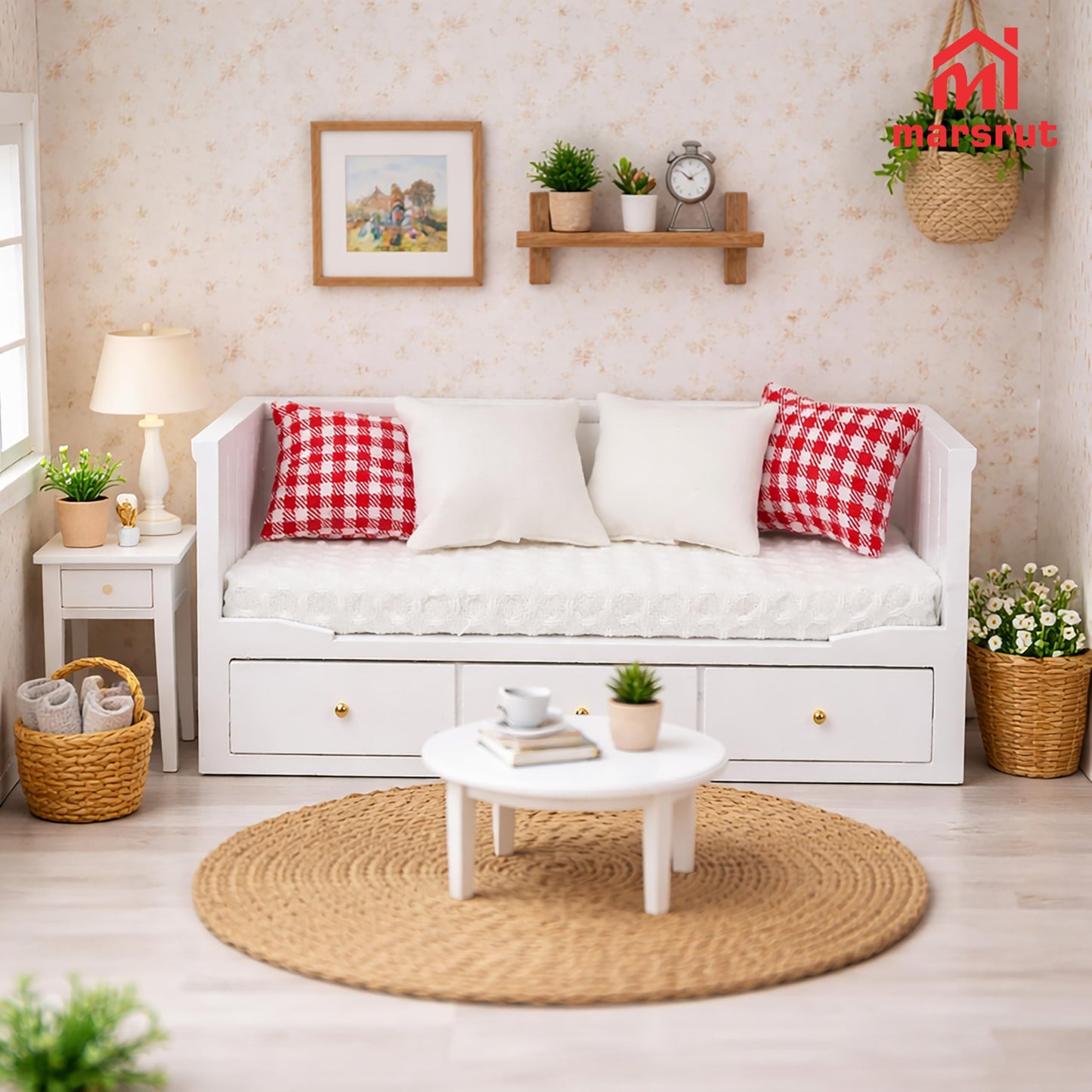 Miniature Dollhouse Daybed, 1/12 Scale Couch, Upholstered Wooden Fabric Sofa with Pillows, Mini Loveseat Sofa Furniture Set for 6 Inch Dolls, Modern Living Room Realistic Model DecorationAccessories