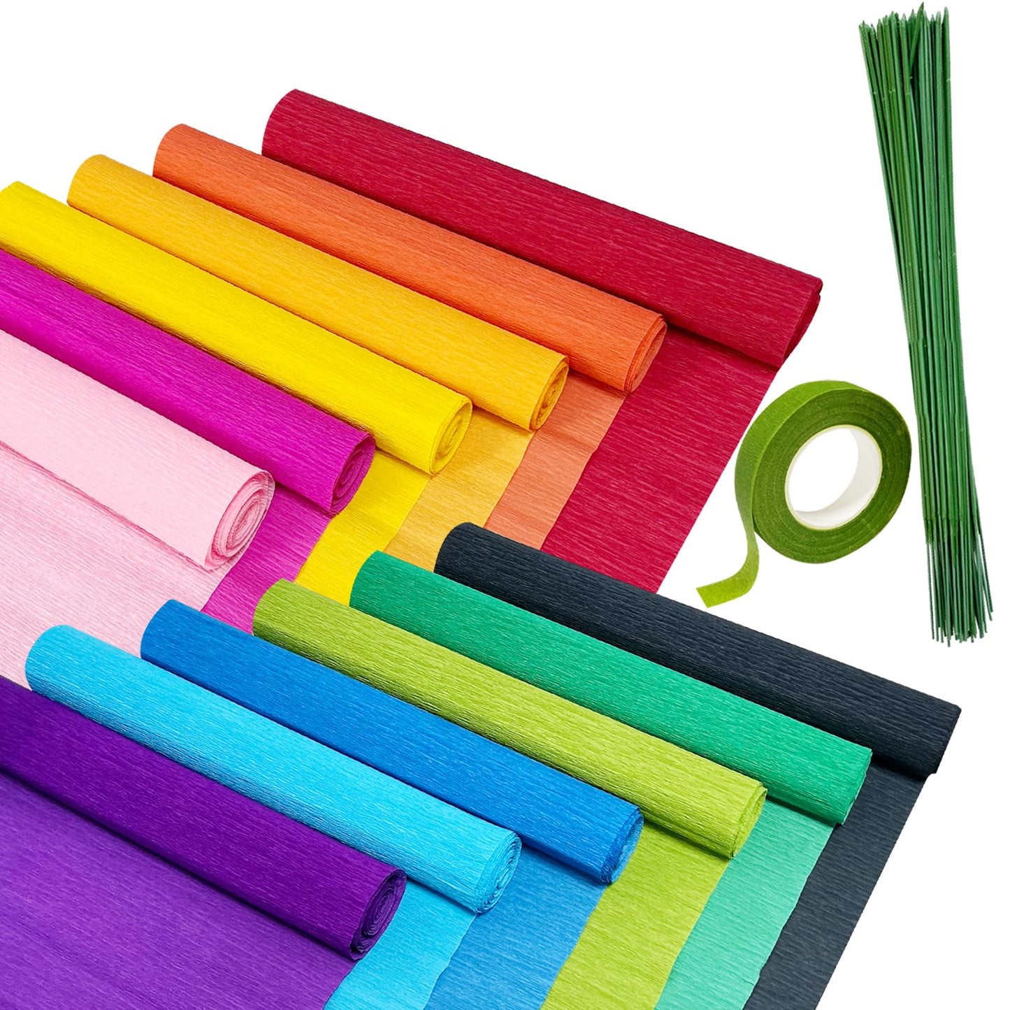 Cieovo Crepe Paper Flower DIY Kits, 12 Rolls Bright Colors Crepe Paper Rolls Floral Tape and 50 Green Floral Iron Wire for Wedding Festival Party Wreath Making Supplies DIY Flower Crafts
