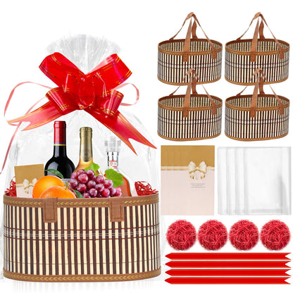 Mapaim 4 Set Bamboo Gift Baskets Empty, Foldable Woven Storage Basket with Handle, Gift Basket Kit with Wrap, Bows & Cards, Empty Gift Baskets to Fill for Baby Shower, Wedding, Holiday Gifts (Oval)