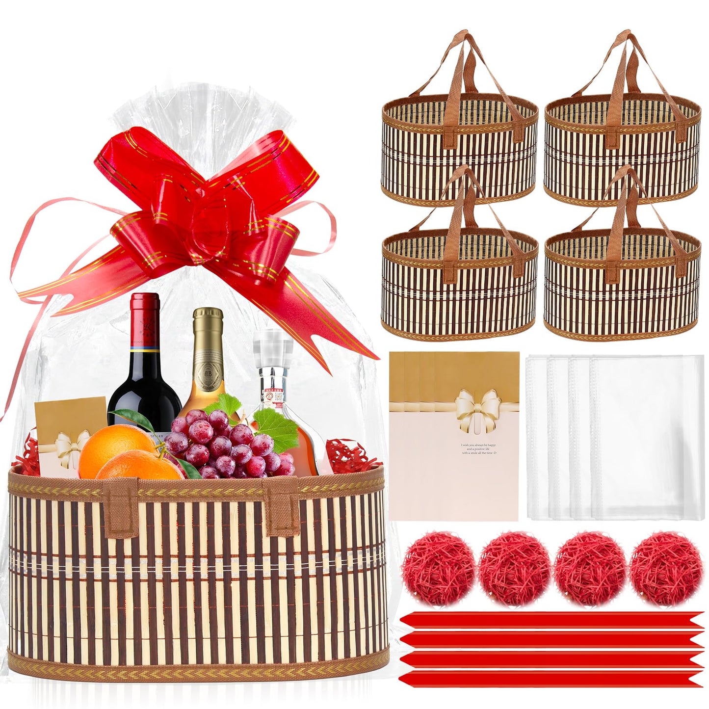 Mapaim 4 Set Bamboo Gift Baskets Empty, Foldable Woven Storage Basket with Handle, Gift Basket Kit with Wrap, Bows & Cards, Empty Gift Baskets to Fill for Baby Shower, Wedding, Holiday Gifts (Oval)