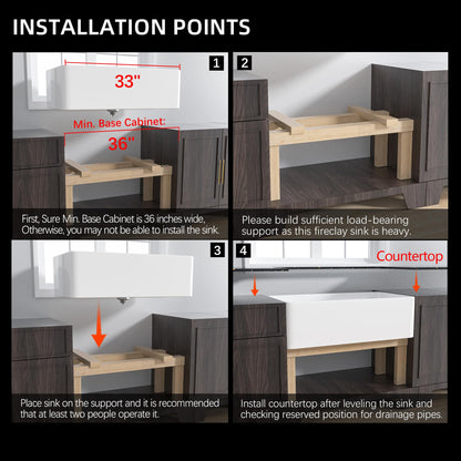 Miuara Farmhouse Sink 33 Inch - Apron Front Kitchen Sink Reversible 33"x18"x10", Undermount Installation, Farm House Style Single Bowl, Solid Fireclay, Glossy White, for Kitchen