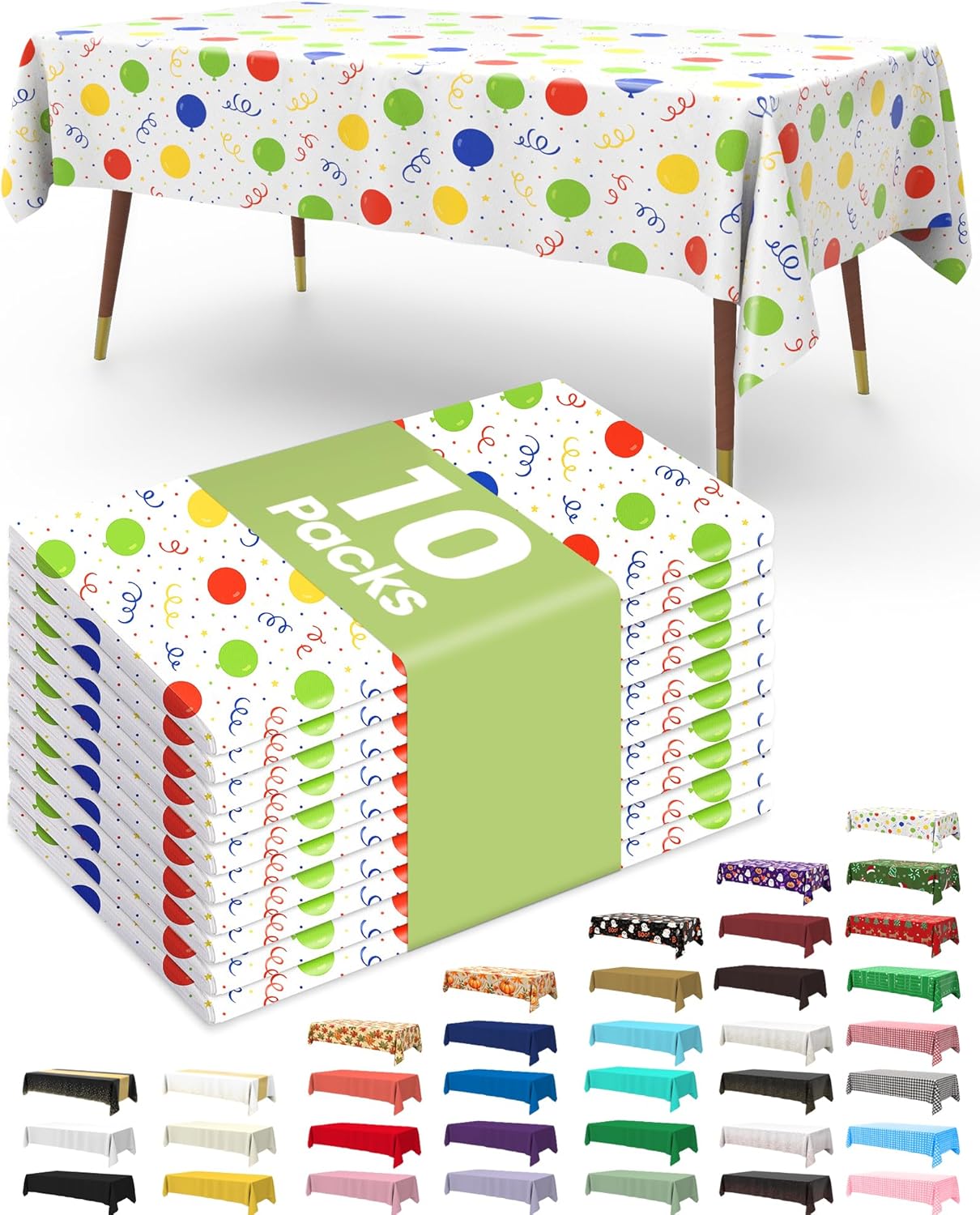 Pureegg Disposable Plastic Tablecloths - 10 Pack, 54 x 108 Inch, Leakproof & Sturdy for Parties | Rainbow Colors