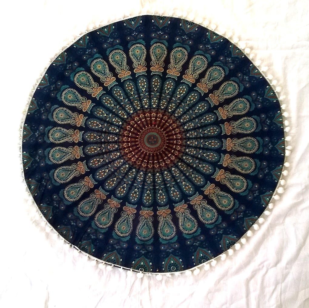22" Blue Mandala Barmeri Round Floor Pillow Cover Cushion Meditation Seating Ottoman Throw Cover Hippie Decorative