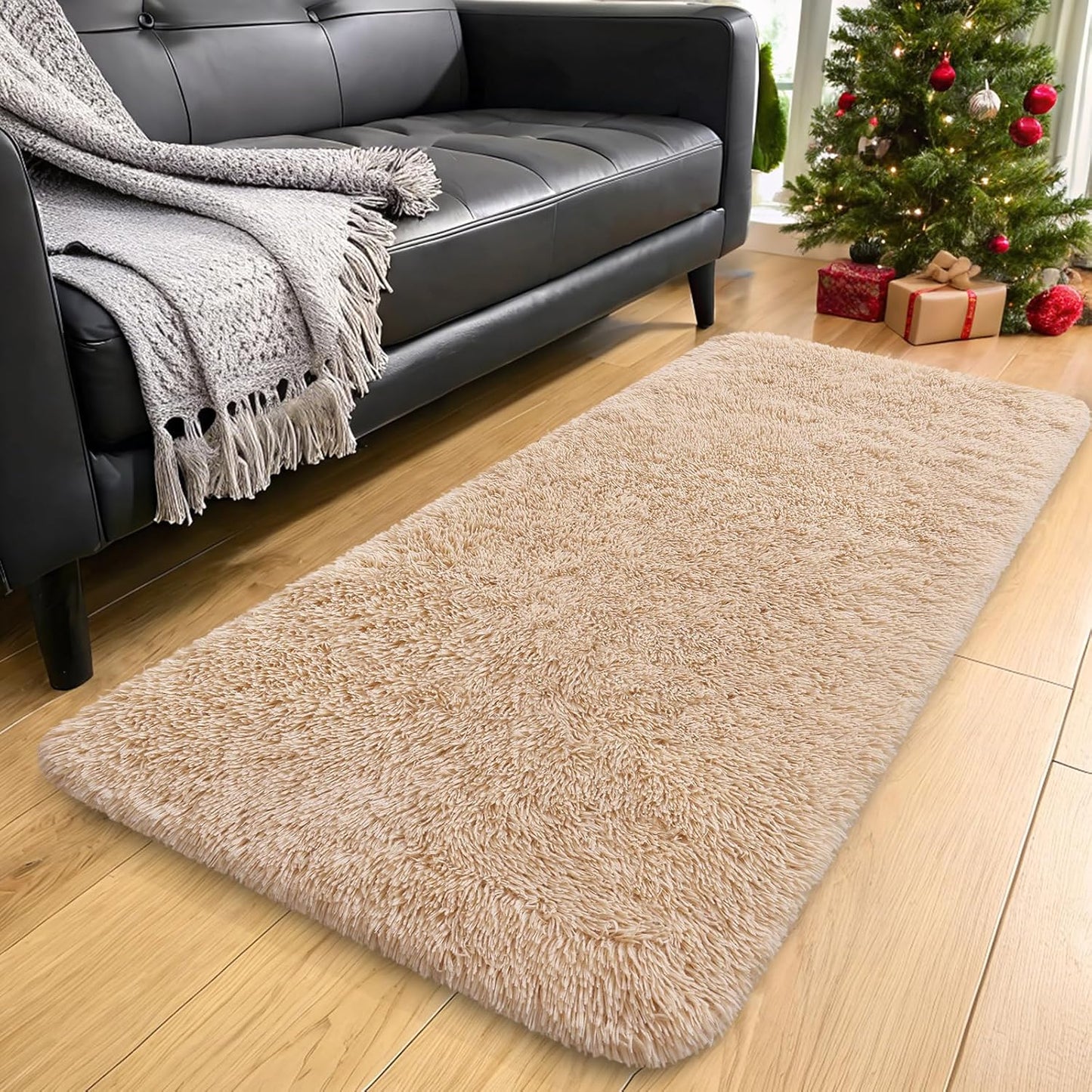OLANLY Machine Washable 2x12 Runner Rug - Soft Fluffy Shaggy Design for Hallway & Bedroom | Beige