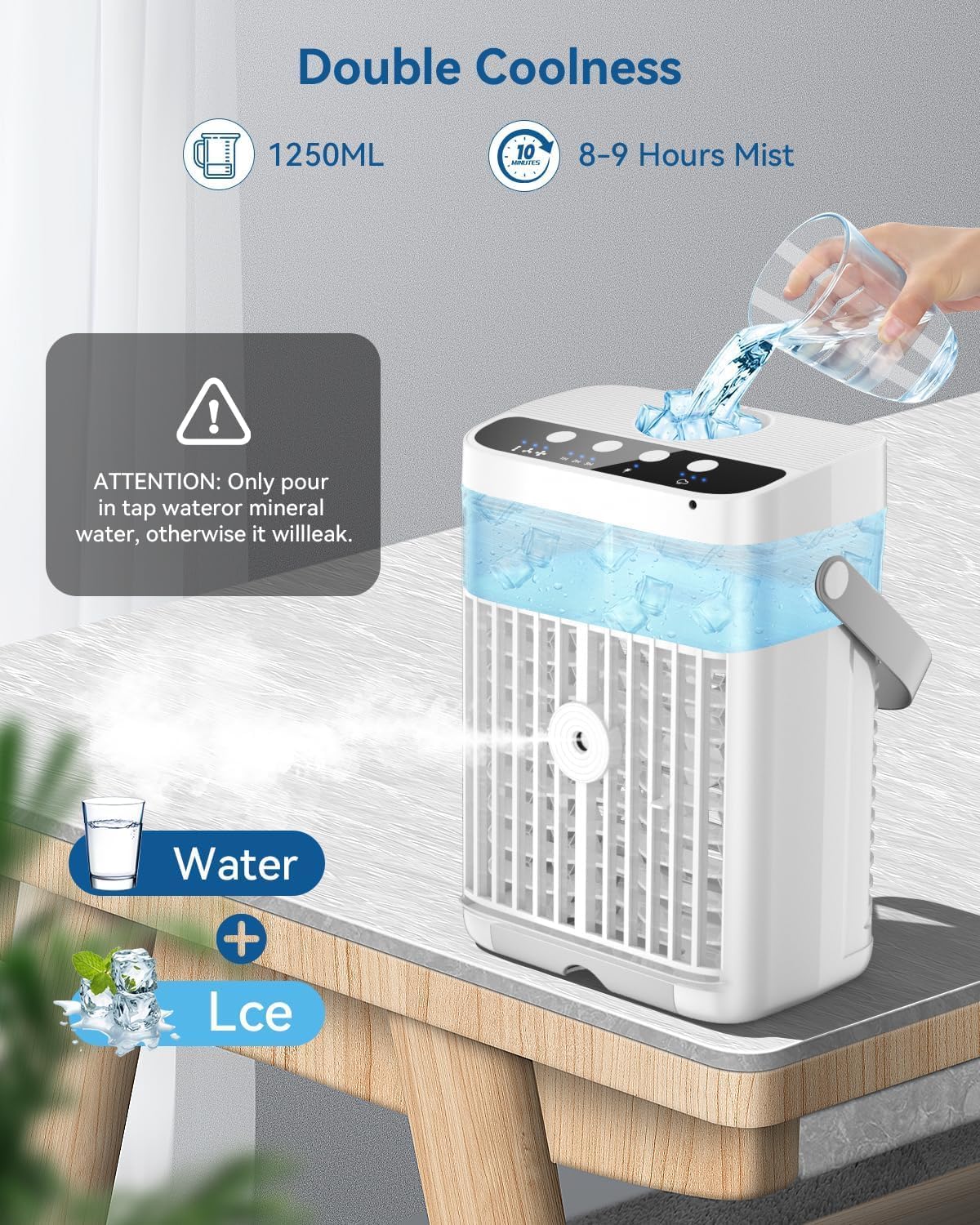 1250ml 3 1-3H Portable Air Conditioners, Mini Air Conditioner Portable Air Cooling Fan Air Cooler Fan with Speeds