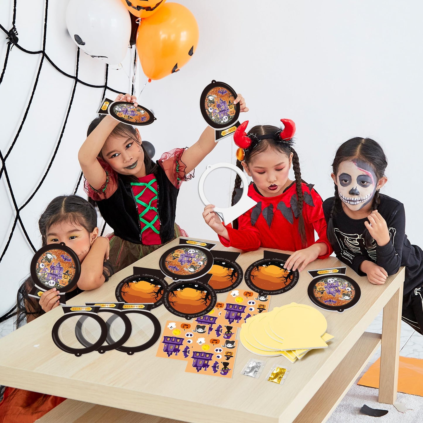 WATINC Halloween Snow Globe Craft Kit - DIY EVA Ghost Pumpkin Scene Crystal Ball Hanging Ornament with Glitter Sequins Sugar Paper, Trick-or-Treat Skeleton Black Cat Party Favor for Home School(24Pcs)