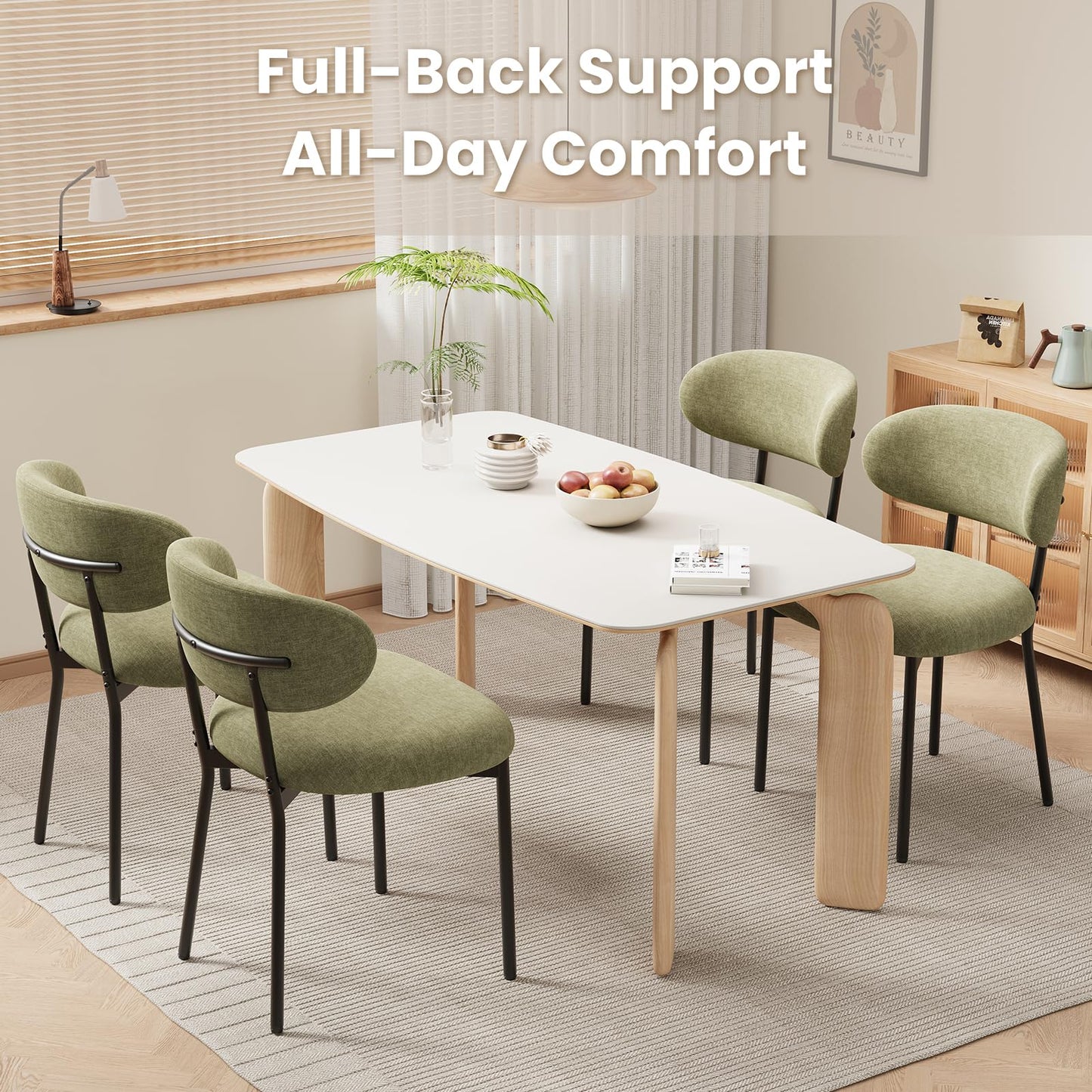 Upholstered Dining Chairs Set of 4, Modern Fabric Kitchen Chairs with Curved Backrest and Cushioned Seat, Sturdy Metal Legs, Modern Dining Chairs for Kitchen Dining Room, Living Room,Green