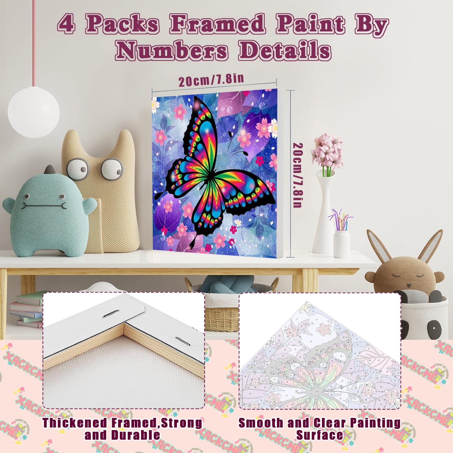 4 Pack Butterfly Paint by Number for Kids with Wooden Frame, Paint by Numbers for Kids Butterflies Ages 4-8-12, Easy Painting with Numbers DIY Acrylic Oil Painting Kits for Home Wall Decor (8X8 inch)