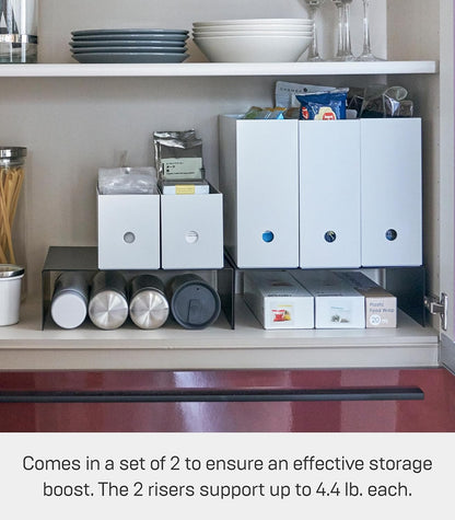 Yamazaki Home Cabinet Bottom Shelf Storage Organizer, Set of 2 Dish Riser for Under Sink or Kitchen Pantry