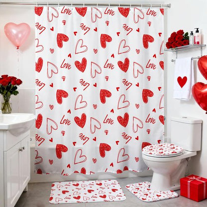 Lindameler 4Pcs Valentines Shower Curtain Set, Sweet Love Red Heart Shower Curtain with Non-Slip Washable Bath Rugs, Toilet Lid Cover Red Heart Valentines Bathroom Decor Accessory Set 72X72 Inch