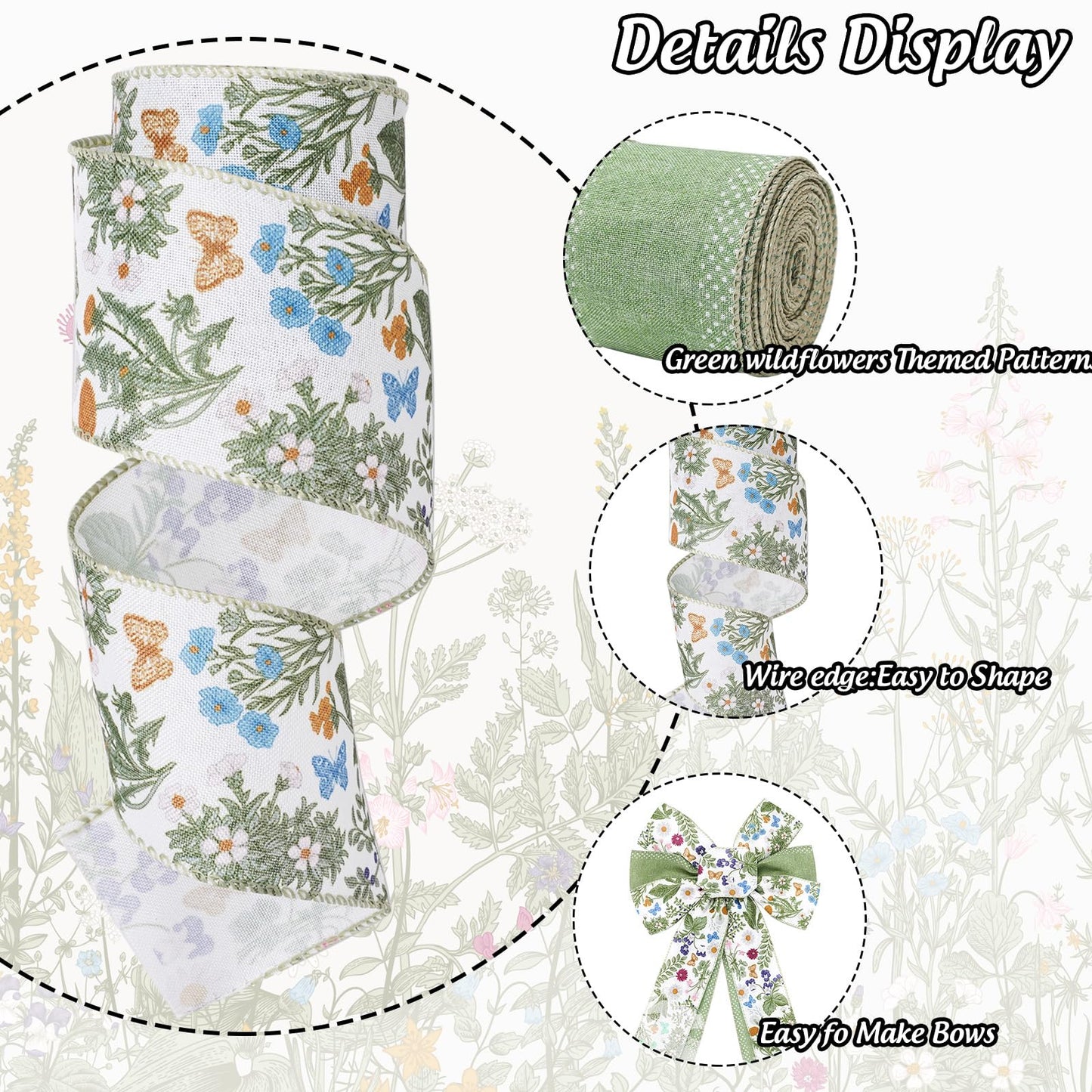 JarThenaAMCS Green Wildflowers Wired Edge Ribbon Retro Wild Floral Craft Ribbon Summer Fabric Ribbon for Spring Wreath Bow Making DIY Wrapping Party Decor Supplies, 2 Rolls, 20 Yard