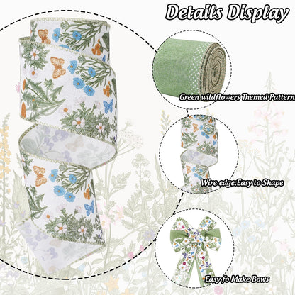 JarThenaAMCS Green Wildflowers Wired Edge Ribbon Retro Wild Floral Craft Ribbon Summer Fabric Ribbon for Spring Wreath Bow Making DIY Wrapping Party Decor Supplies, 2 Rolls, 20 Yard